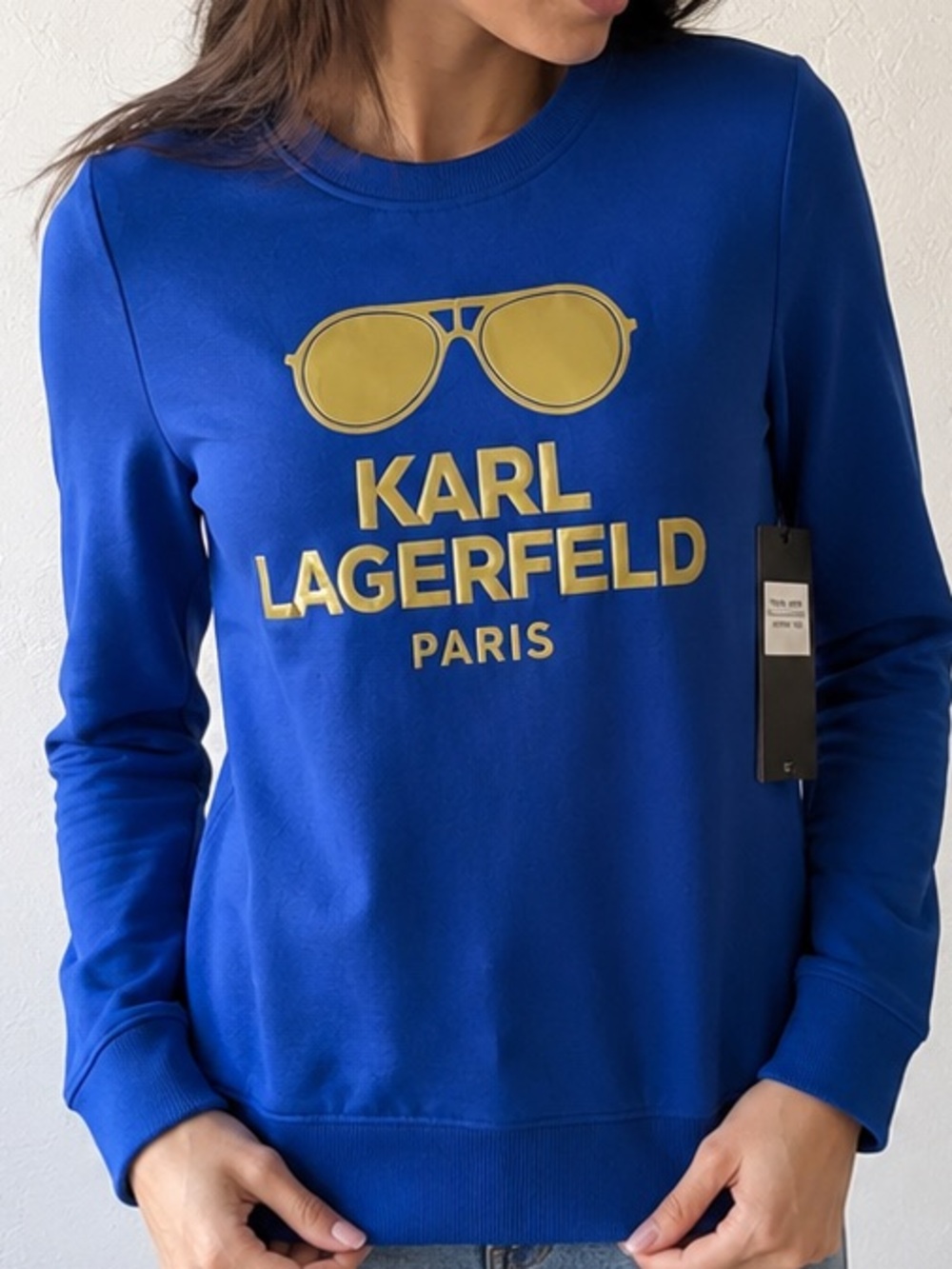 Karl Lagerfeld Paris Sunglasses Graphic Classic Blue Gold Sweatshirt NWT XS